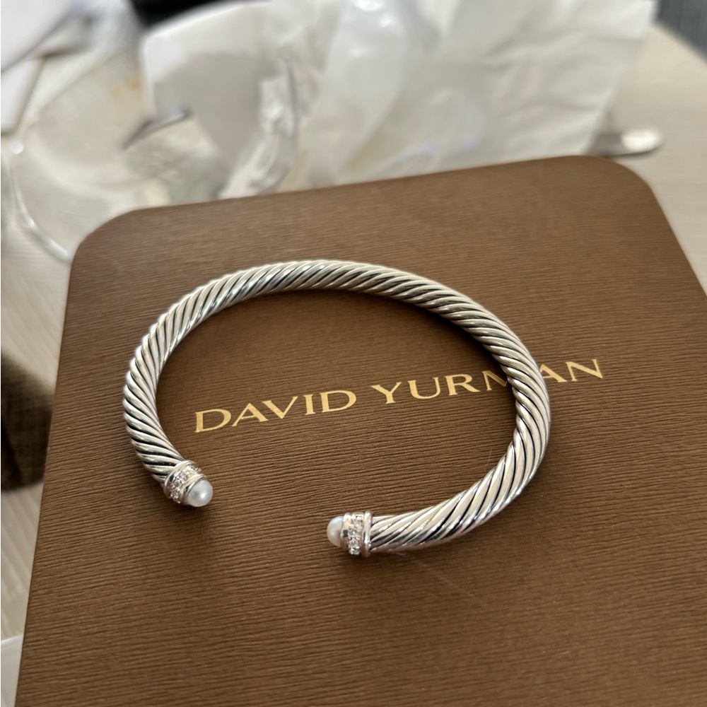 New David Yurman Silver Cable Bracelet Pearl w diamonds sz S